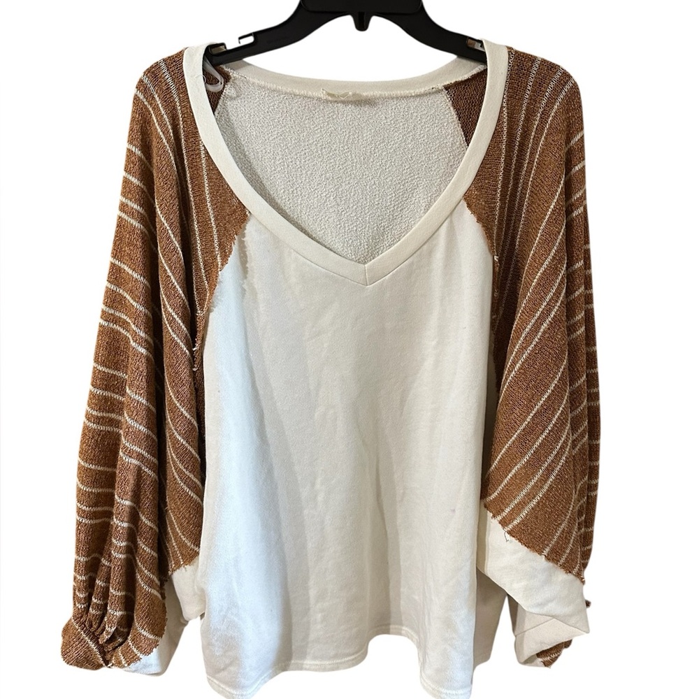 Blue Buttercup Cream and Tan Bat Sleeve Raw Hem Sweater